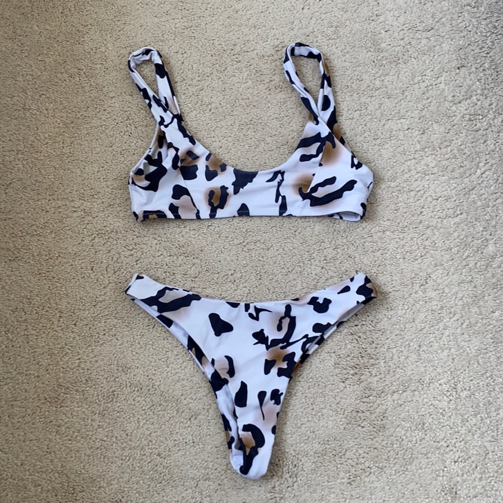 Zaful White Black and Tan Leopard Print Bikini Set